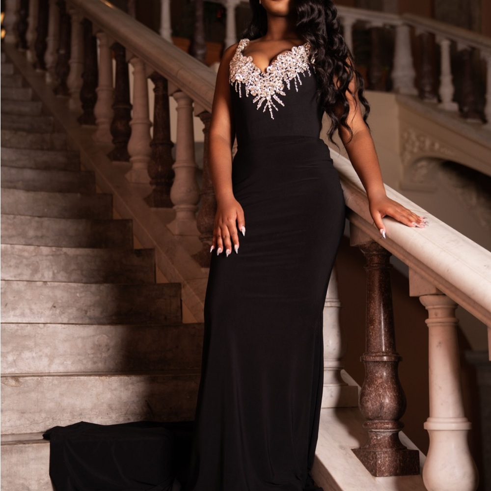 Formal Black Dress with Embellished Neckline